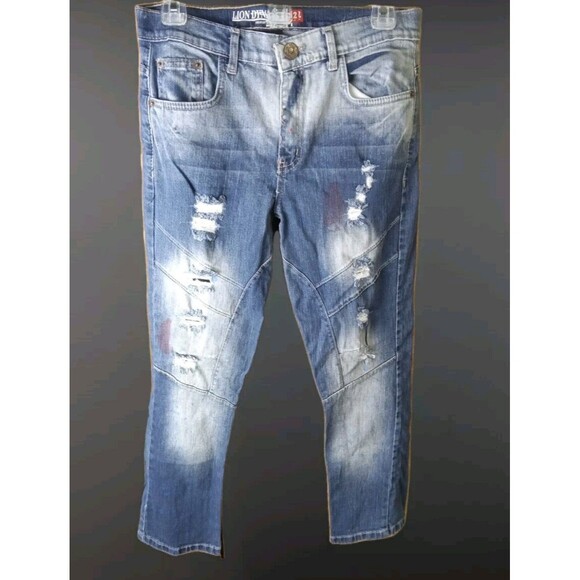 Lion Dynasty Women's Jeans Size 12 Slim Distressed Paint Made In Egypt Blue - Picture 1 of 14